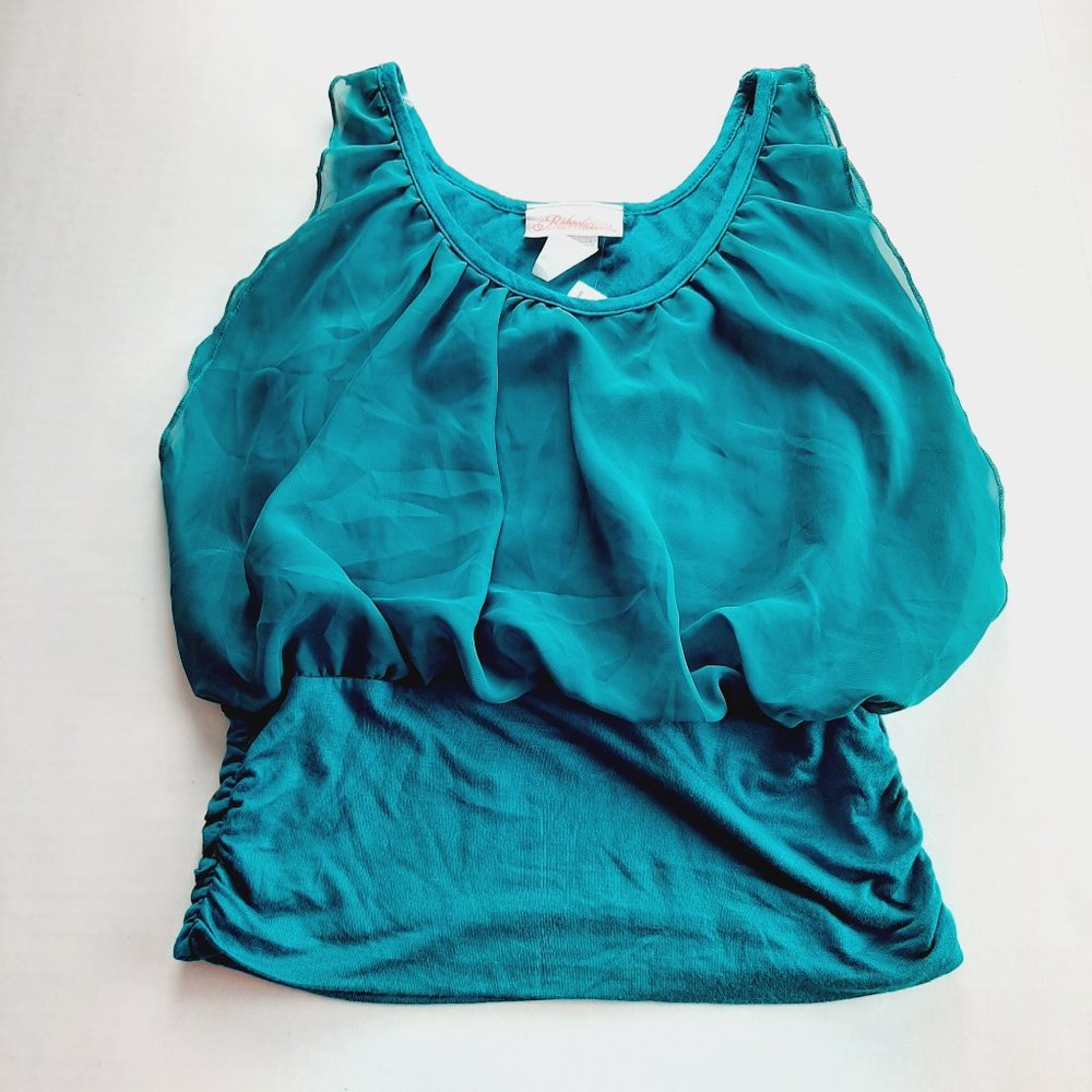Babeolicious Womens Blouson Tank Top Size Small Teal Cropped Ruched Scoop Neck